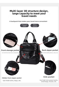 Detail of black faux leather backpack showing main compartment and multi-functional pockets