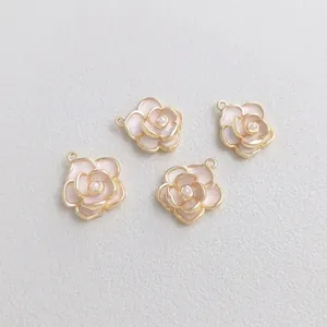 14K gold filled camellia flower pendant with pink enamel and pearl for DIY jewelry
