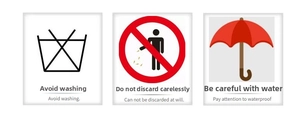Detailed care instructions icon panel showing no washing and waterproof safety guidelines