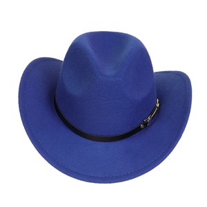 Close-up of royal blue wool felt cowboy hat with black leather band and metal buckle