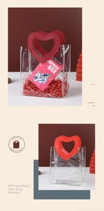 Detail of transparent PVC gift bag featuring a unique red heart-shaped cutout handle
