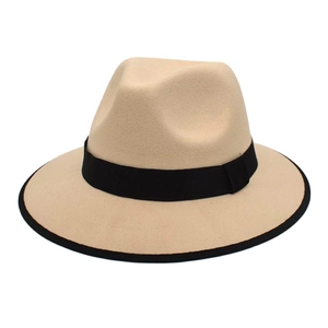 Classic beige wool fedora hat with black ribbon band and edged brim for autumn style