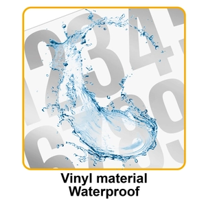 Macro detail of waterproof vinyl number stickers with dynamic splashing water droplets