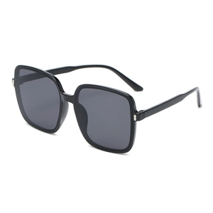 Classic oversized square black sunglasses with dark grey lenses and metal hinge detail