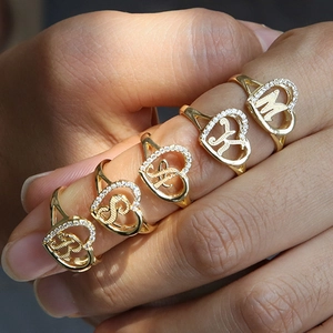 Heart Letter Open Ring Copper Cubic Zirconia Gold Plated Adjustable Alphabet Initial Jewelry For Women Elegant