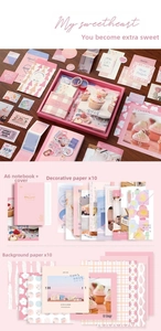 Pink A6 notebook gift set featuring vintage dessert illustrations and sticker sheets