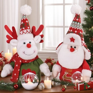 Christmas reindeer and Santa Claus plush toys set on a festive wooden tabletop decoration