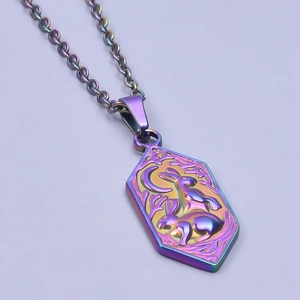 Detail of a hexagonal stainless steel pendant with rabbit and moon aurora plating
