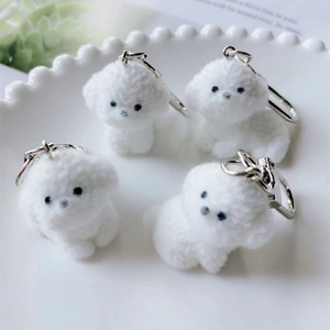 Cute resin flocked Bichon dog keychain set for bags and car keys accessories