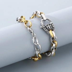 Bracciale Da Uomo In Acciaio Inossidabile Bicolore Con Catena Cubana E Fibbia A Croce Gotica Gioielli Hip Hop Streetwear