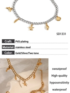 Detail of PVD plated stainless steel jewelry set featuring starfish and seashell charms