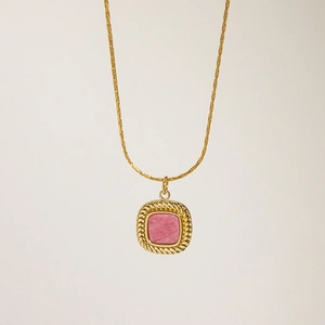 Collar vintage francés de acero inoxidable dorado con colgante cuadrado de rodocrosita rosa