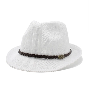 White vintage fedora hat with breathable knit texture and brown leather strap with rhino buckle
