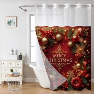 Christmas waterproof shower curtain with red and gold baubles and Merry Christmas lettering