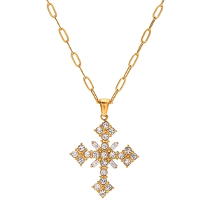 18K Gold Plated Stainless Steel White Zircon Cross Pendant Necklace Paperclip Chain Waterproof For Women