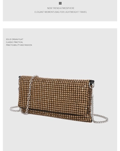 Detail of shimmering gold rhinestone mesh dinner bag with silver metal chain strap
