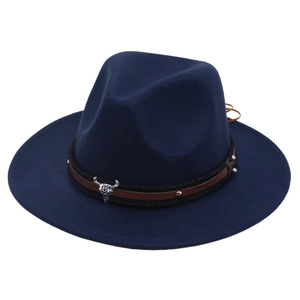 Ethnic style navy blue felt fedora with a vintage bull skull leather band accent