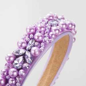 Fashionable purple fabric headband with irregular pearls and sparkling glass crystals