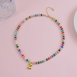 Bohemian colorful natural gemstone beaded necklace with golden bubble letter Z pendant