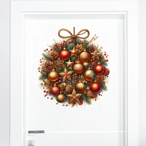 Christmas wreath wall sticker with red gold ornaments and pine cones on a white door