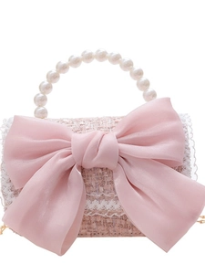 Pink tweed girls handbag with pearl handle, large satin bow and delicate lace trim