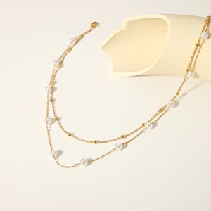 18K gold plated stainless steel double layer necklace with elegant pearls and beads