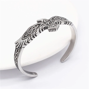 Bracelet manchette plume d'aigle de style Viking en acier titane argenté rétro pour homme