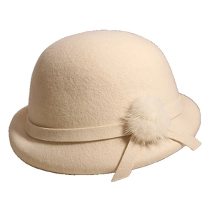 Elegant beige wool felt cloche hat with ribbon and soft rabbit fur pom pom detail