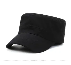 Side view detail of a classic black cotton cadet cap showing clean stitching and flat top