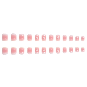 French style heart press-on nails with pink gradient and white tip design, 24 pieces set