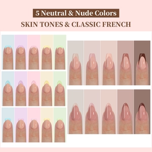 Classic French nude press-on nails in five neutral skin tones and square oval shapes
