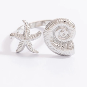Minimalist silver starfish and seashell titanium steel ring with a polished glossy finish