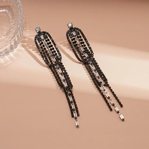 Luxury geometric oval fringe drop earrings with sparkling rhinestones and silver pins
