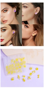 DIY cat stud earring silicone mold with resin cat-shaped samples and model wearing display