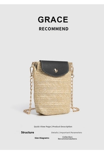Detailed close-up of woven straw texture with black leather flap and gold metal clasp