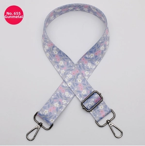 Detail of adjustable floral replacement strap in lavender with gunmetal hardware