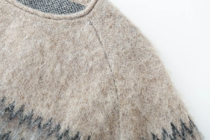 Macro detail of high-quality mohair knit sweater neckline with gray geometric pattern