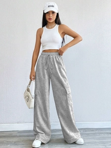 Women's spring wide-leg cargo sweatpants in grey cotton blend with drawstring waist