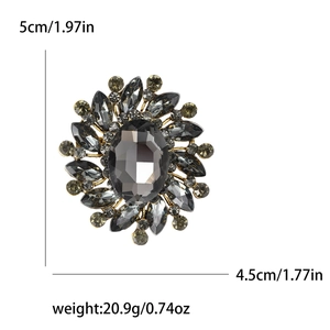 Retro faceted crystal floral brooch in dark gray finish with 5cm size dimensions