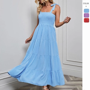 Robe Maxi Pour Femmes Jupe À Étages Smockée Bandeau Bretelles À Nouer Point Suisse Jacquard Élégant Été Plage
