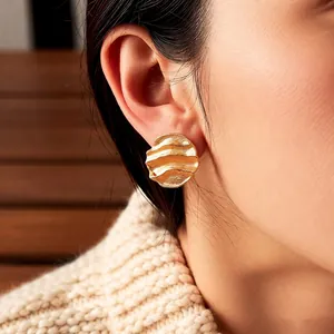 18k gold plated irregular round stud earrings with vintage ripple texture for women