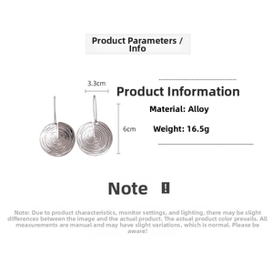 Detailed view of silver geometric earrings with spiral texture and 3.3cm width dimension