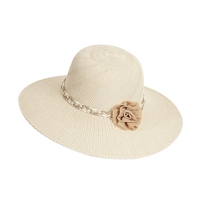 Detailed texture of beige wide brim straw hat featuring a decorative light brown fabric rose