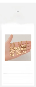 Detailed chart showing golden stainless steel angel number necklaces with dimensions