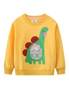 Yellow long sleeve girls sweatshirt with cute dinosaur applique and floral pocket detail