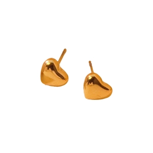 Minimalist gold heart-shaped stud earrings in polished stainless steel on white background