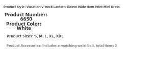 Size chart and details for white V-neck floral mini dress with lantern sleeves and belt