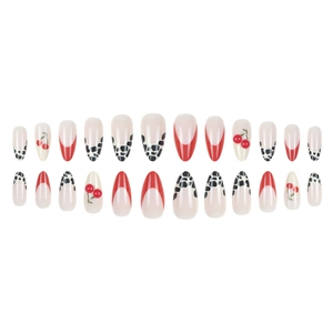 24pcs almond french press-on nails with red tips, cow print, and cherry designs