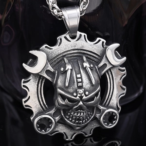 Gothic skull wrench gear pendant in vintage silver stainless steel with heavy chain