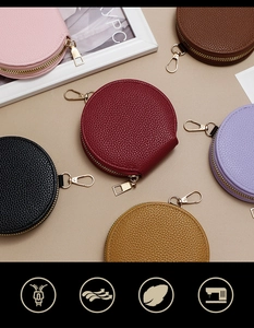 Flat lay of lychee pattern leather mini purses in red pink brown black and yellow colors